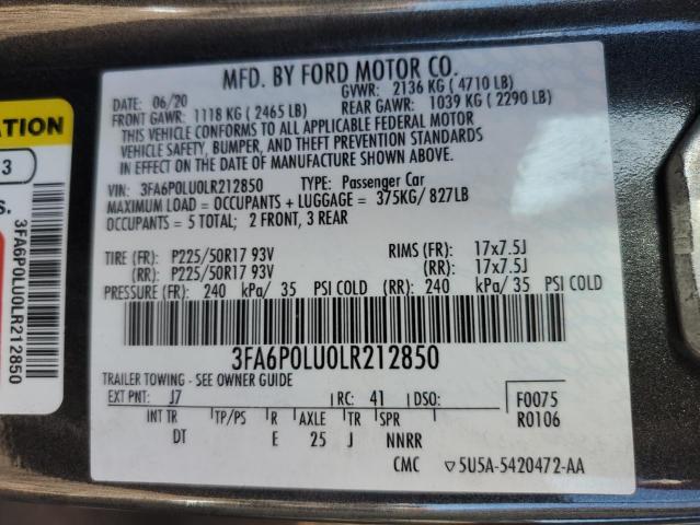 3FA6P0LU0LR212850 - 2020 FORD FUSION SE CHARCOAL photo 12