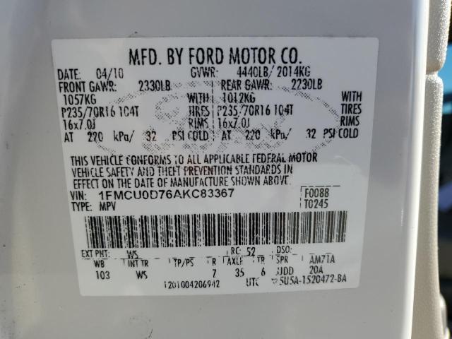 1FMCU0D76AKC83367 - 2010 FORD ESCAPE XLT WHITE photo 14