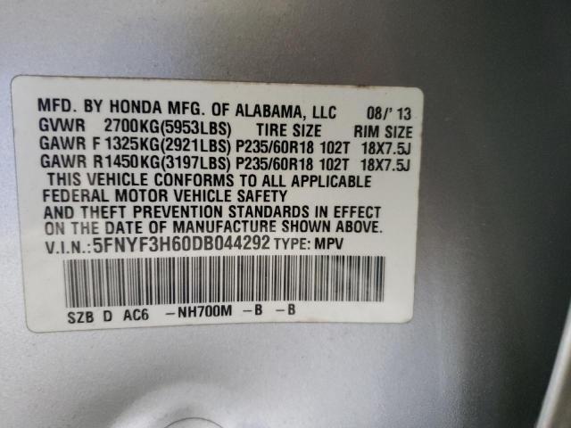 5FNYF3H60DB044292 - 2013 HONDA PILOT EXL SILVER photo 13