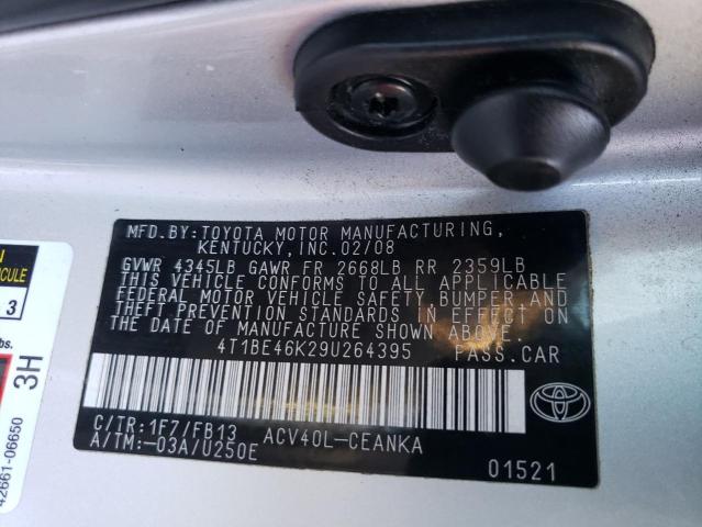 4T1BE46K29U264395 - 2009 TOYOTA CAMRY BASE SILVER photo 12