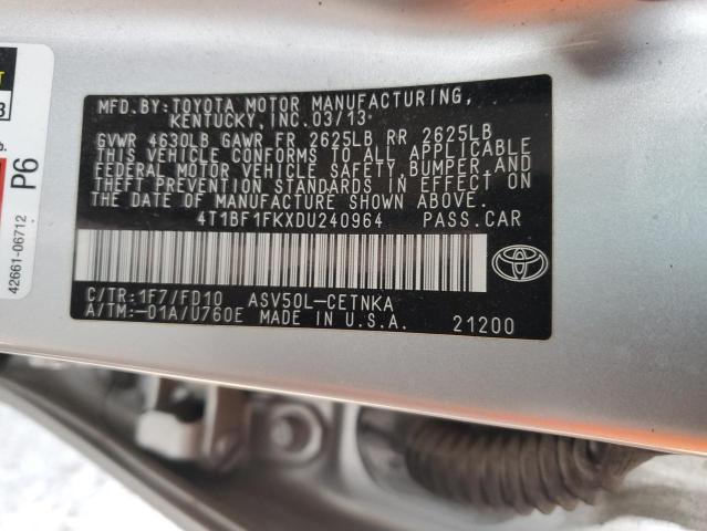 4T1BF1FKXDU240964 - 2013 TOYOTA CAMRY L SILVER photo 13