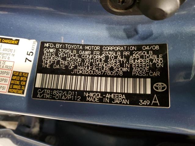 JTDKB20U387780578 - 2008 TOYOTA PRIUS BLUE photo 12