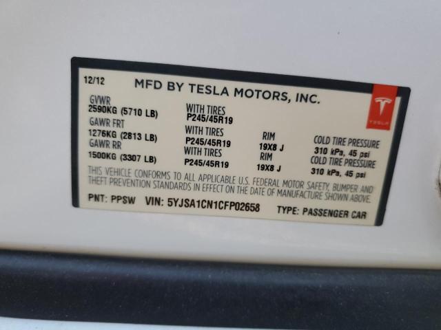 5YJSA1CN1CFP02658 - 2012 TESLA MODEL S WHITE photo 12