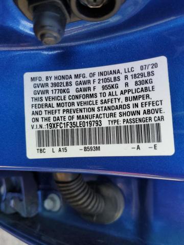 19XFC1F35LE019793 - 2020 HONDA CIVIC EX BLUE photo 12