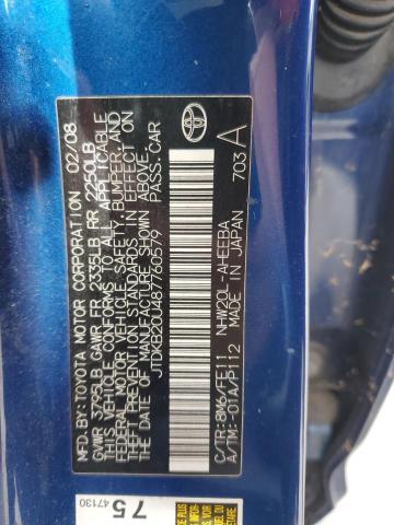 JTDKB20U487760579 - 2008 TOYOTA PRIUS BLUE photo 12