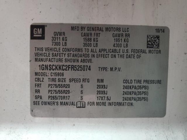 1GNSCKKC2FR525074 - 2015 CHEVROLET SUBURBAN C1500 LTZ WHITE photo 13