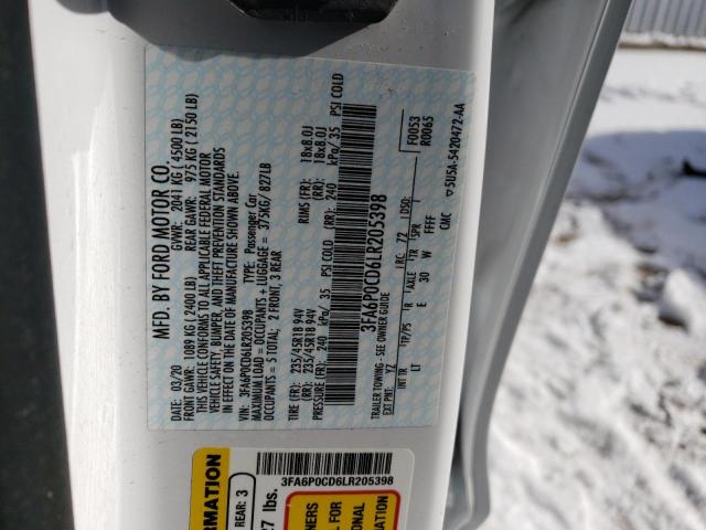 3FA6P0CD6LR205398 - 2020 FORD FUSION SEL WHITE photo 12