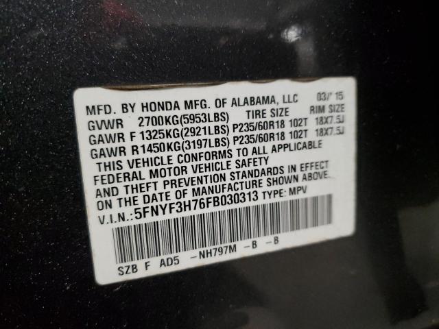 5FNYF3H76FB030313 - 2015 HONDA PILOT EXLN GRAY photo 13