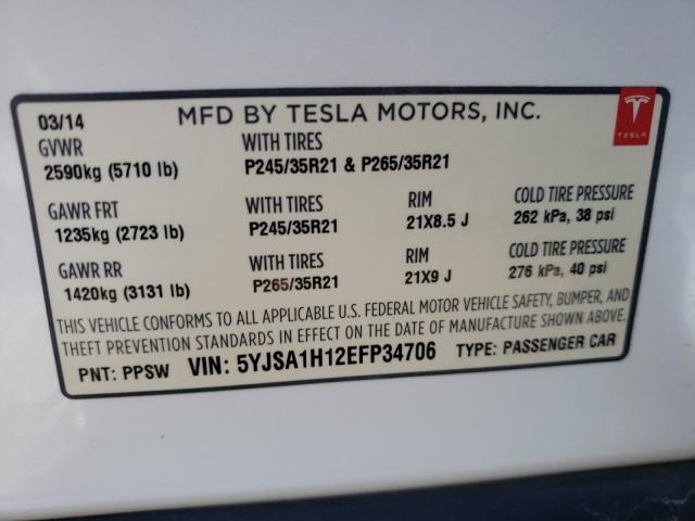 5YJSA1H12EFP34706 - 2014 TESLA MODEL S Ağ foto 10