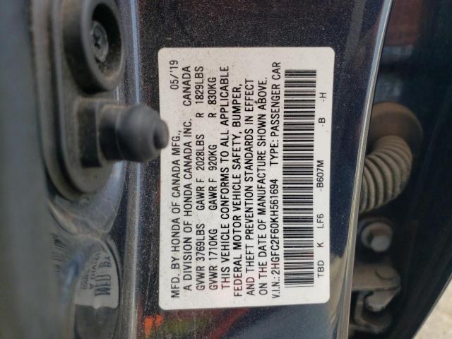 2HGFC2F60KH561694 - 2019 HONDA CIVIC LX CHARCOAL photo 12