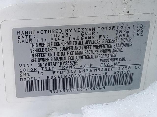 3N1AB7AP1KY255769 - 2019 NISSAN SENTRA S WHITE photo 12