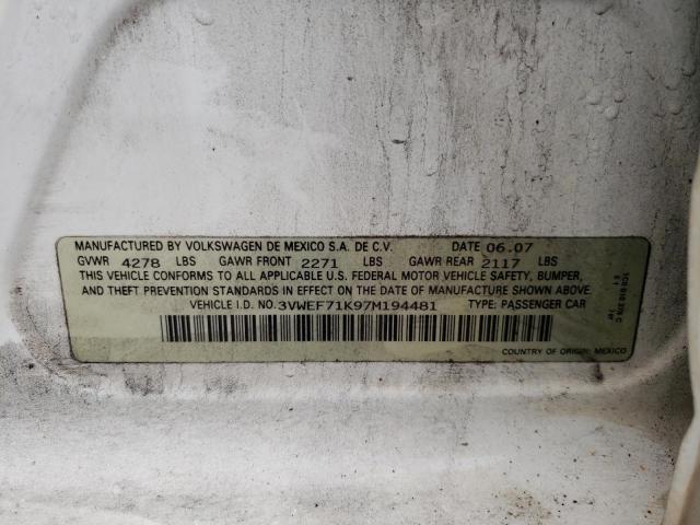 3VWEF71K97M194481 - 2007 VOLKSWAGEN JETTA WOLFSBURG 白色 照片 12