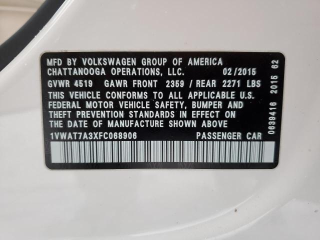 1VWAT7A3XFC068906 - 2015 VOLKSWAGEN PASSAT S WHITE photo 12