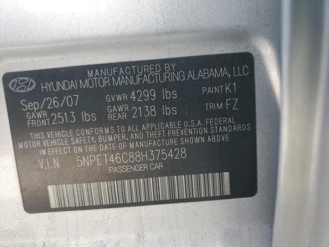 5NPET46C88H375428 - 2008 HYUNDAI SONATA GLS SILVER photo 12