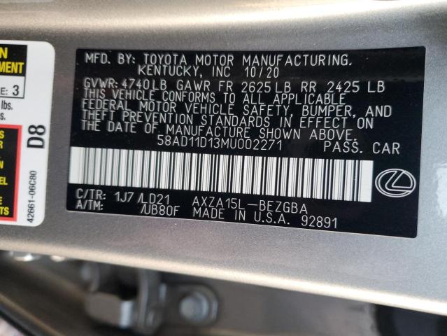 58AD11D13MU002271 - 2021 LEXUS ES 250 BASE GRAY photo 12