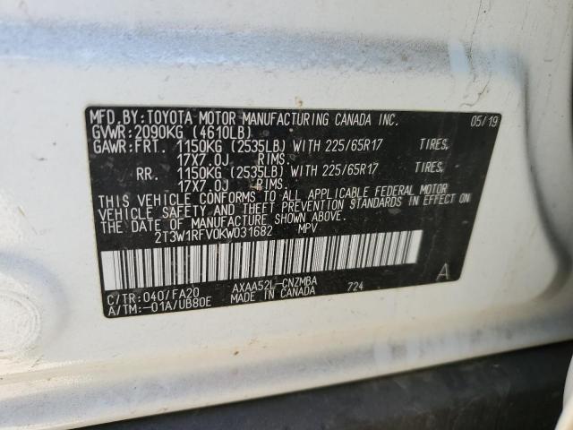 2T3W1RFV0KW031682 - 2019 TOYOTA RAV4 XLE WHITE photo 13