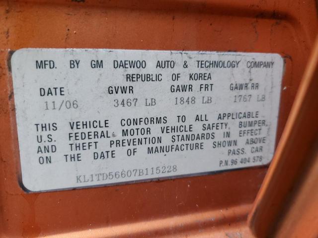 KL1TD56607B115228 - 2007 CHEVROLET AVEO BASE Narıncı foto 12