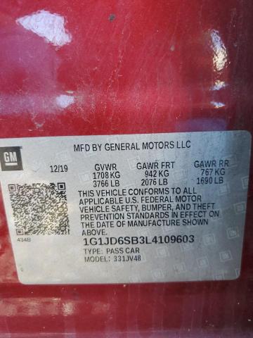 1G1JD6SB3L4109603 - 2020 CHEVROLET SONIC LT BURGUNDY photo 12