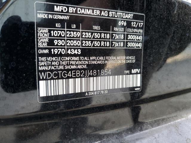 WDCTG4EB2JJ481854 - 2018 MERCEDES-BENZ GLA 250 BLACK photo 12