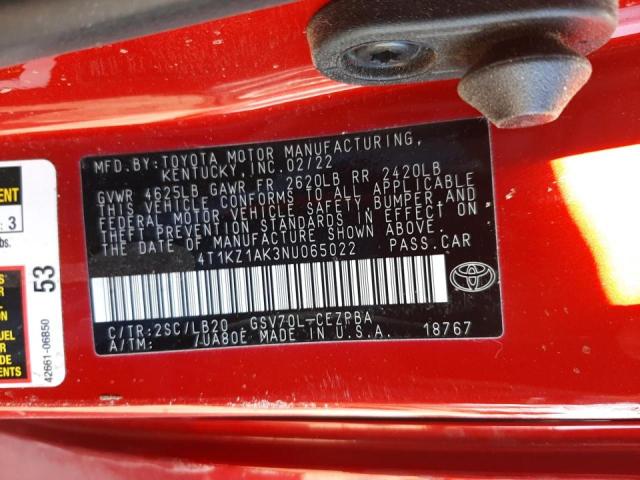 4T1KZ1AK3NU065022 - 2022 TOYOTA CAMRY TRD RED photo 12