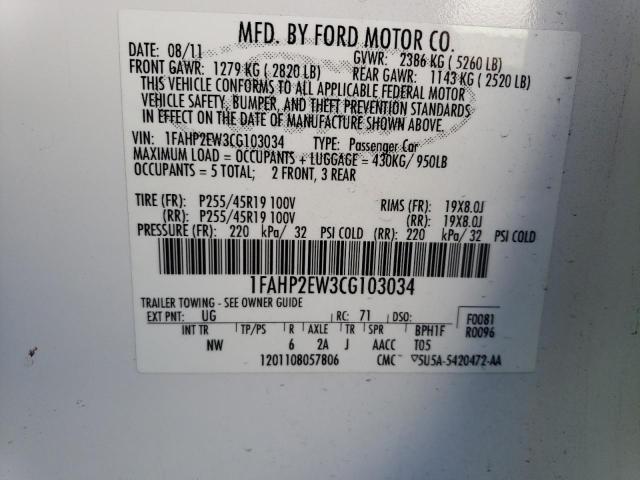 1FAHP2EW3CG103034 - 2012 FORD TAURUS SEL WHITE photo 13