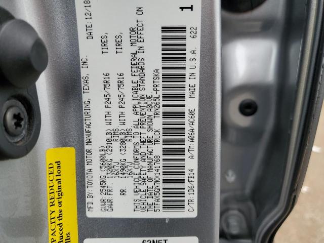 5TFAX5GN7KX141768 - 2019 TOYOTA TACOMA DOUBLE CAB 银色 照片 12