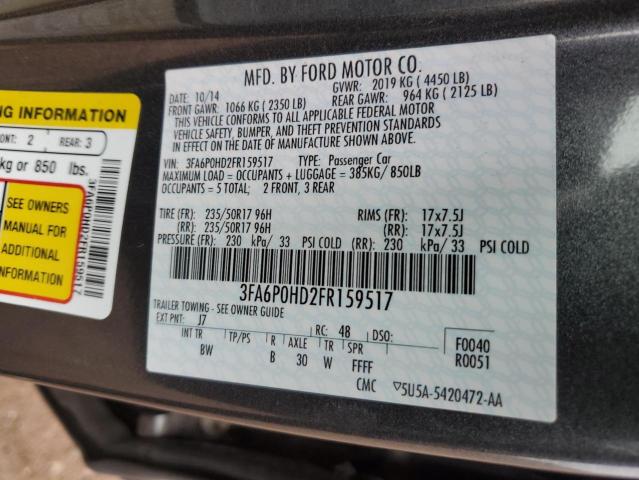 3FA6P0HD2FR159517 - 2015 FORD FUSION SE GRAY photo 12