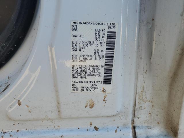 5BZAF0AA1LN851872 - 2020 NISSAN NV 3500 WHITE photo 14