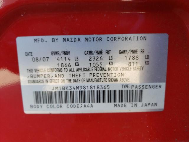 JM1BK34M981818365 - 2008 MAZDA SPEED 3 RED photo 10