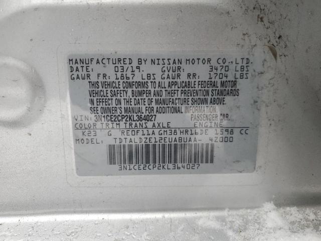 3N1CE2CP2KL364027 - 2019 NISSAN VERSA NOTE S SILVER photo 12