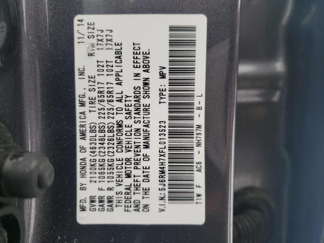 5J6RM4H7XFL013523 - 2015 HONDA CR-V EXL GRAY photo 13