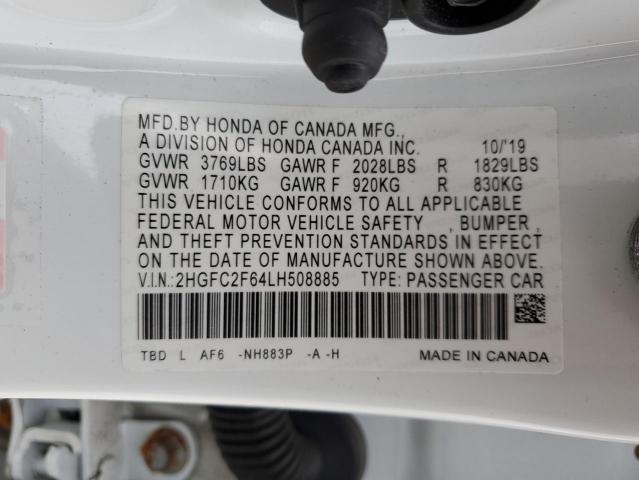 2HGFC2F64LH508885 - 2020 HONDA CIVIC LX WHITE photo 12