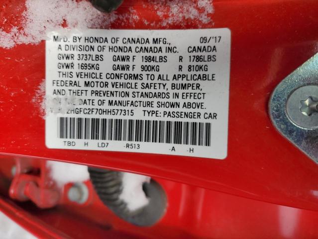 2HGFC2F70HH577315 - 2017 HONDA CIVIC EX RED photo 12