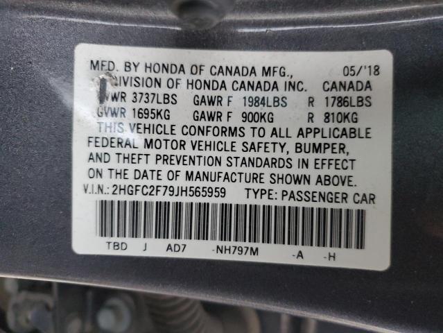 2HGFC2F79JH565959 - 2018 HONDA CIVIC EX GRAY photo 12