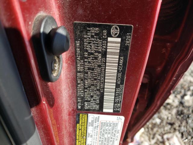 4T1BE32K95U402735 - 2005 TOYOTA CAMRY LE BURGUNDY photo 12