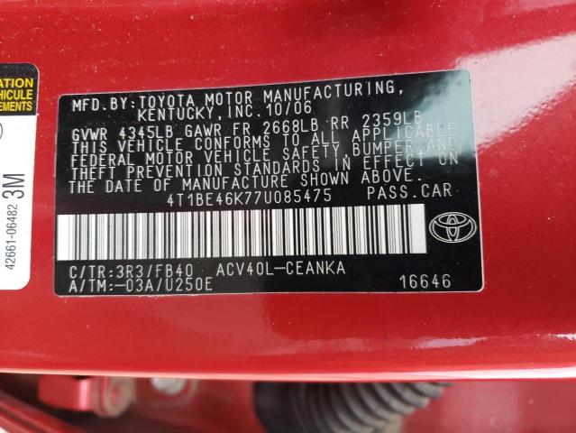 4T1BE46K77U085475 - 2007 TOYOTA CAMRY CE RED photo 12