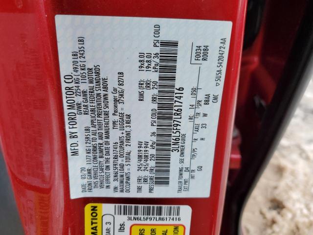 3LN6L5F97LR617416 - 2020 LINCOLN MKZ RESERVE წითელი ფოტო 12