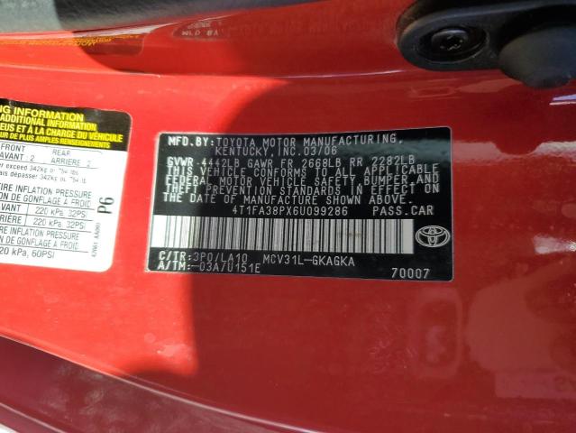 4T1FA38PX6U099286 - 2006 TOYOTA CAMRY SOLA SE RED photo 12