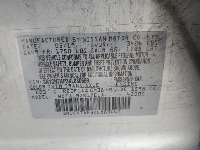 3N1CN7AP3KL880669 - 2019 NISSAN VERSA S SILVER photo 12