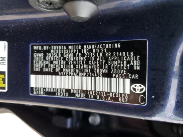 5YFEPMAE0MP214436 - 2021 TOYOTA COROLLA LE BLUE photo 13