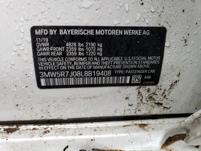 3MW5R7J08L8B19408 - 2020 BMW 330XI WHITE photo 12