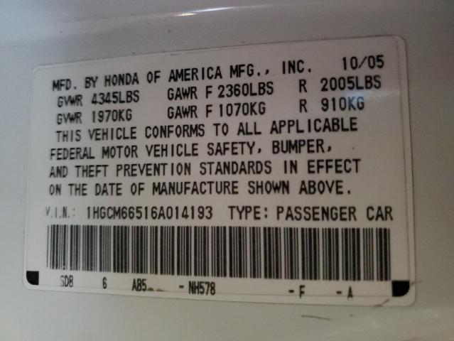 1HGCM66516A014193 - 2006 HONDA ACCORD EX WHITE photo 12