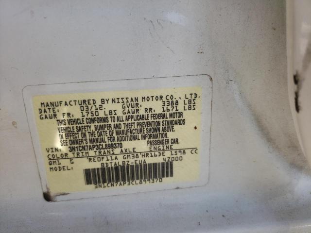 3N1CN7AP3CL899370 - 2012 NISSAN VERSA S WHITE photo 10