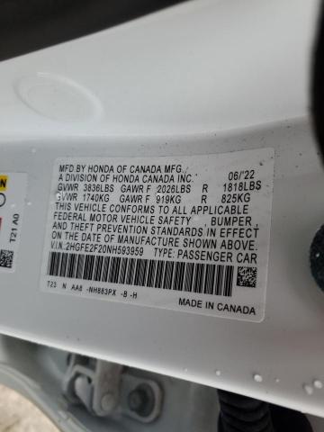 2HGFE2F20NH593959 - 2022 HONDA CIVIC LX WHITE photo 12