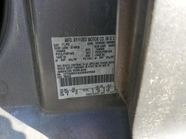 1FTRW07623KB49504 - 2003 FORD F150 SUPERCREW GRAY photo 12