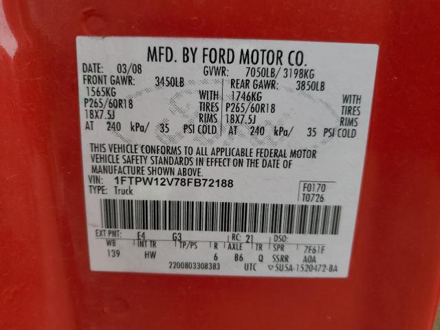 1FTPW12V78FB72188 - 2008 FORD F150 SUPERCREW RED photo 12