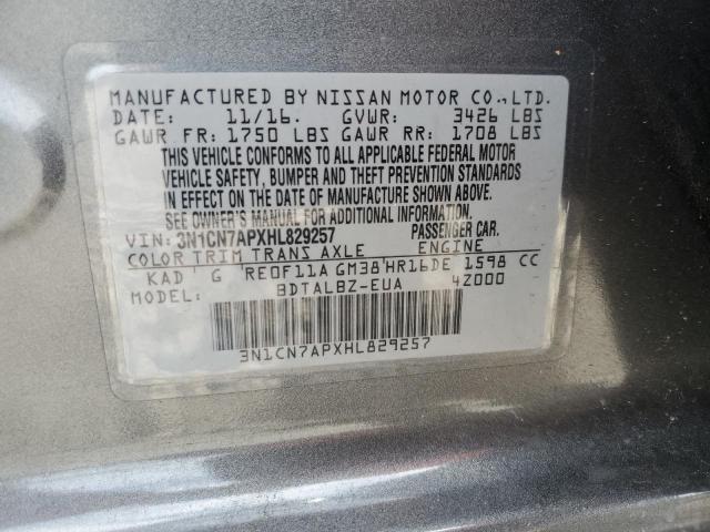 3N1CN7APXHL829257 - 2017 NISSAN VERSA S GRAY photo 13