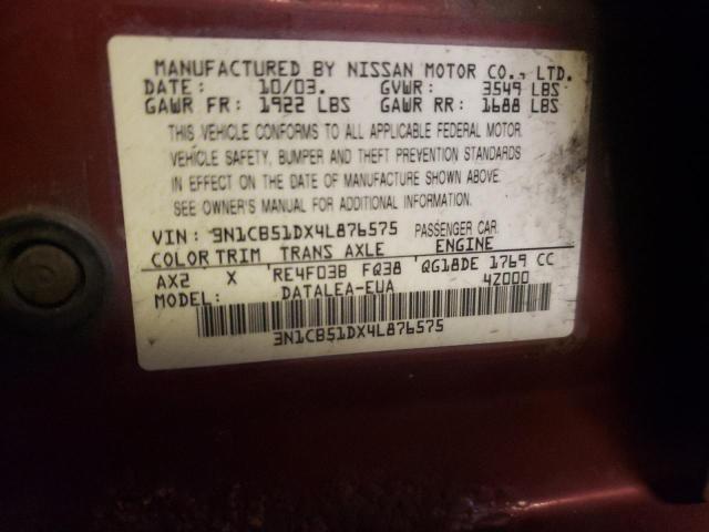 3N1CB51DX4L876575 - 2004 NISSAN SENTRA 1.8 BURGUNDY photo 12