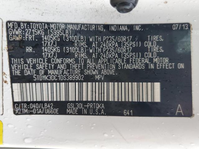 5TDYK3DC1DS389902 - 2013 TOYOTA SIENNA XLE WHITE photo 13