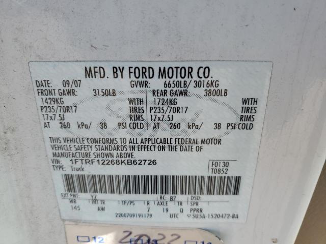 1FTRF12268KB62726 - 2008 FORD F150 WHITE photo 12